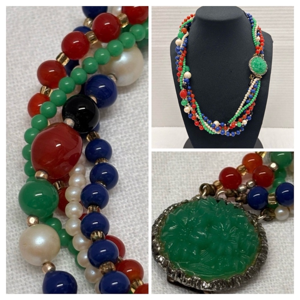 Elegant Vintage Retro Red and Green Multi-Strand Necklace with Central Gemstone